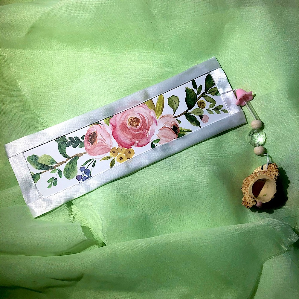 Watercolor Rose Bookmark w Teddybear Teacup Charm